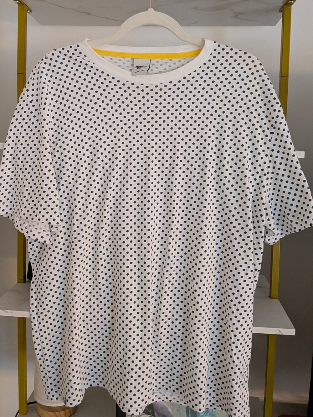 Fielder By Bonobo White Blue Polka Dot Crew Neck Tee Shirt Yellow Trim Sz. Large